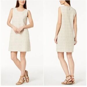 Eileen Fisher Beige Linen Cotton Sleeveless Midi Dress Textured Grid Minimal SP
